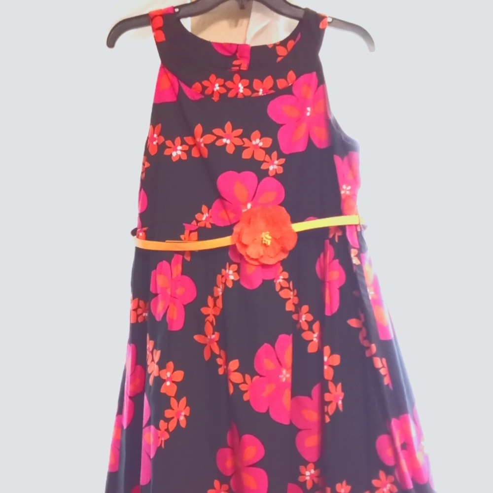 Girls Striking Black Dress w/Hot Pink and Orange Floral Print
